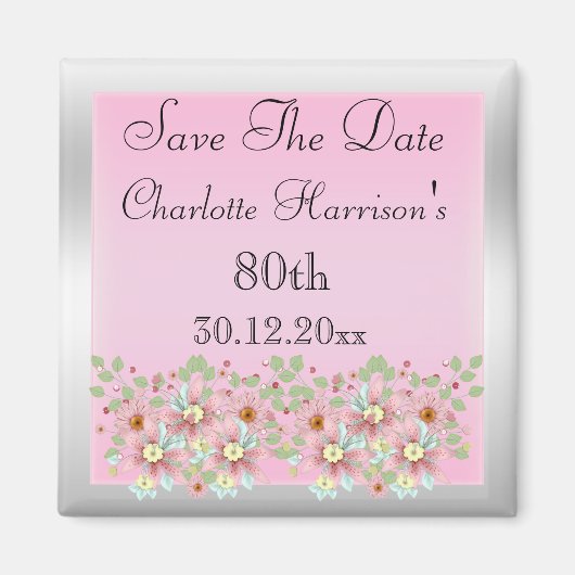Floral Pink & Silver 80. Magnet (Vorne)