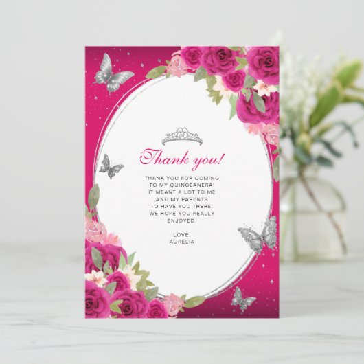 Floral Pink Silver Butterfly Quinceañera Foto Dankeskarte (Stehend Vorderseite)