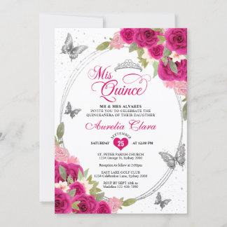Floral Pink Silver Tiara Butterfly Mis Quinceañera Einladung