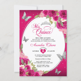 Floral Pink Silver Tiara Butterfly Mis Quinceañera Einladung