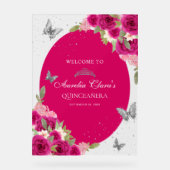 Floral Pink Silver Tiara Butterfly Quinceañera Acrylschild (Vorderseite)