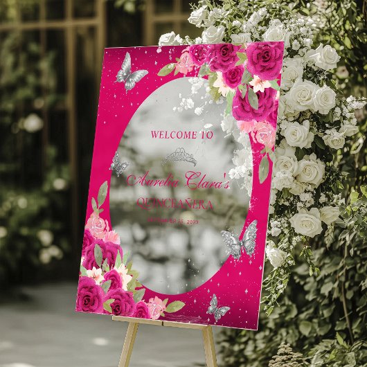 Floral Pink Silver Tiara Butterfly Quinceañera Acrylschild