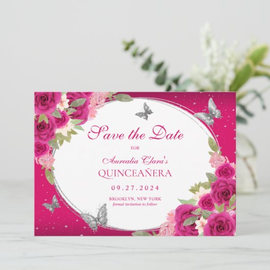 Floral Pink Silver Tiara Butterfly Quinceanera Save The Date (Stehend Vorderseite)