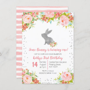 Floral Pink und Silver Bunny Birthday Floral Einladung