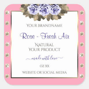 Floral Pink White Product Labels Blue Rose Jewels Quadratischer Aufkleber