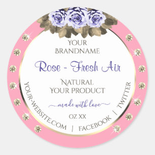 Floral Pink White Product Labels Blue Rose Jewels Runder Aufkleber