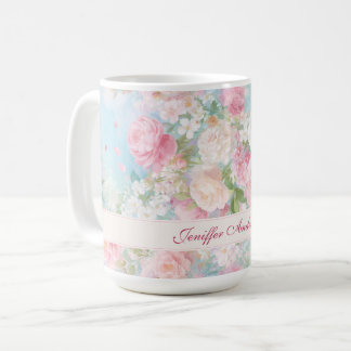 Floral Pink & White Roses with Custom Name Kaffeetasse