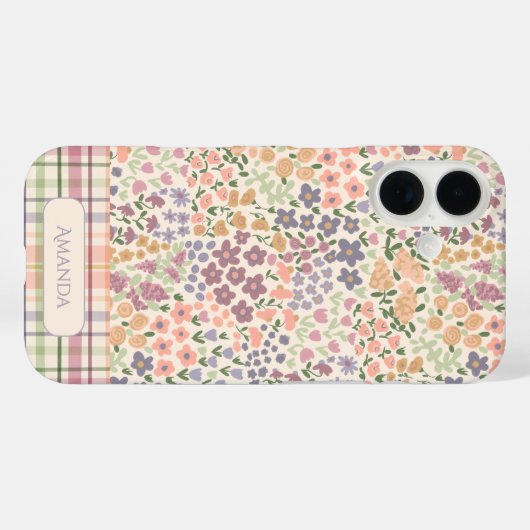 Floral & Plaid Personalized Name Phone Case (Rückseite (Horizontal))