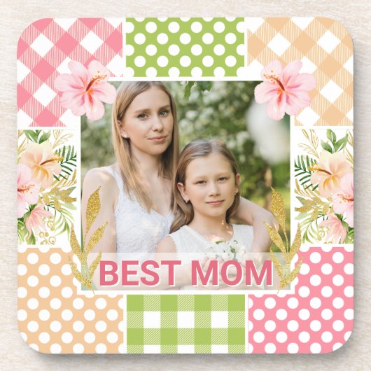Floral & Plaid Photo Frame Mother's Day Getränkeuntersetzer (Vorderseite)