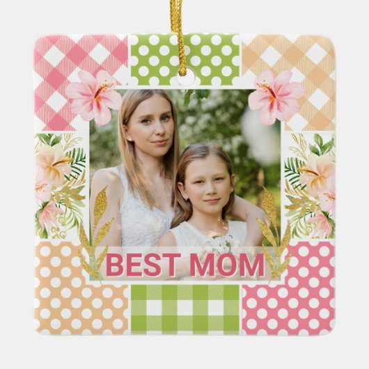 Floral & Plaid Photo Frame Mother's Day Keramikornament (Vorderseite)