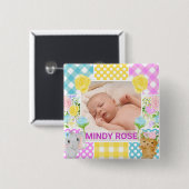 Floral & Plaid Photo Frame Newborn Baby Button (Vorne & Hinten)