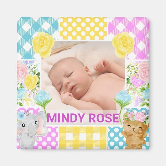 Floral & Plaid Photo Frame Newborn Baby Magnet (Vorne)