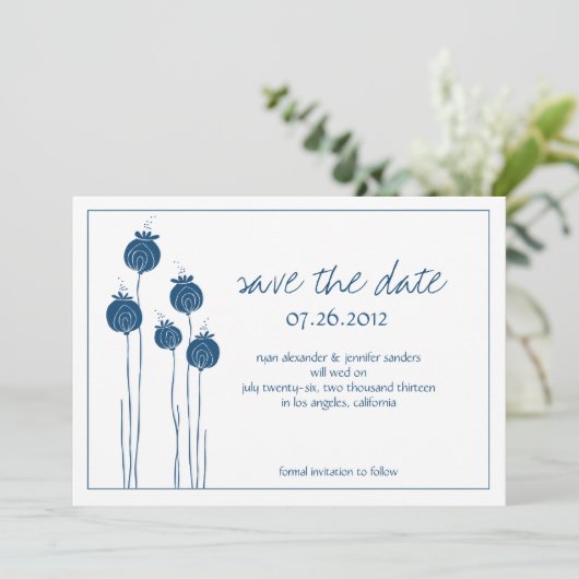 Floral Pods Navy Save the Date (Stehend Vorderseite)