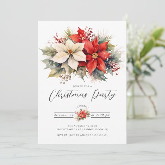 Floral Poinsettia Christmas Party Einladung (Stehend Vorderseite)