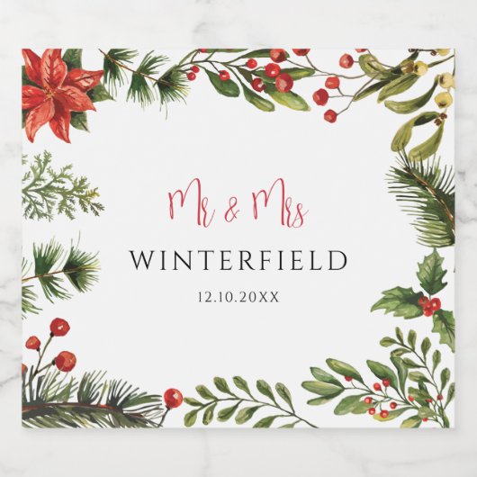 Floral Poinsettia Greenery Winter Wedding Schaumweinetikett (Einzelnes Label)