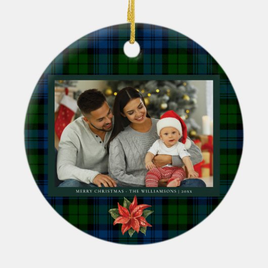 Floral Poinsettia Kariertes Foto Tartan Keramik Ornament (Hinten)