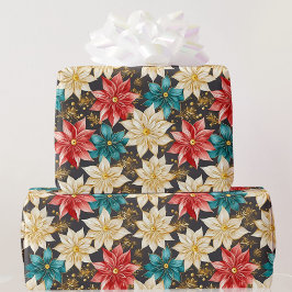 Floral Poinsettia Weihnachtsdesigner Red Turquoise Geschenkpapier