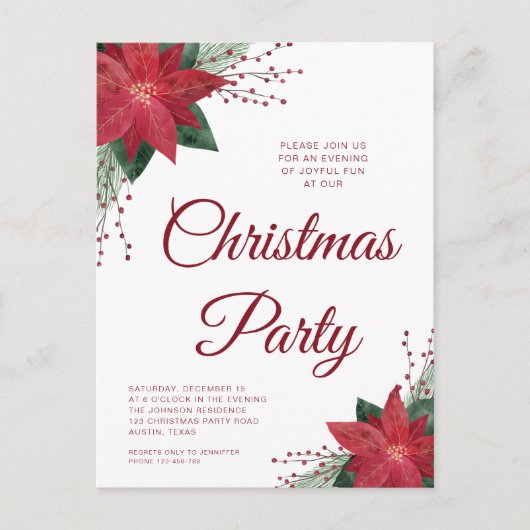 Floral Poinsettia Weihnachtsfeier Party Einladung Postkarte (Vorderseite)