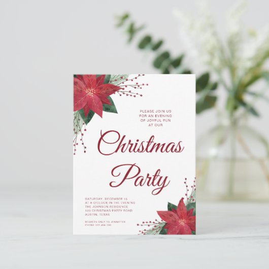 Floral Poinsettia Weihnachtsfeier Party Einladung Postkarte (Stehend Vorderseite)