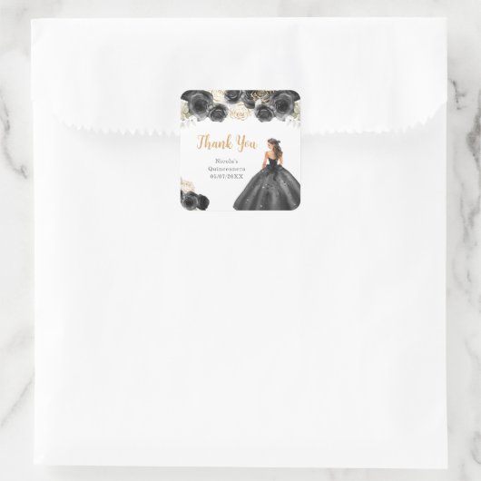 Floral Princess in Black Dress Quinceanera Quadratischer Aufkleber (Tasche)