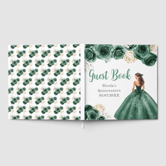 Floral Princess in Dark Green Dress Quinceanera Gästebuch (Voll)