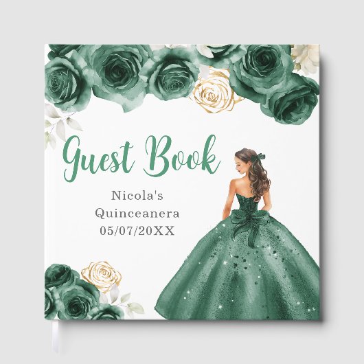 Floral Princess in Dark Green Dress Quinceanera Gästebuch (Vorderseite)