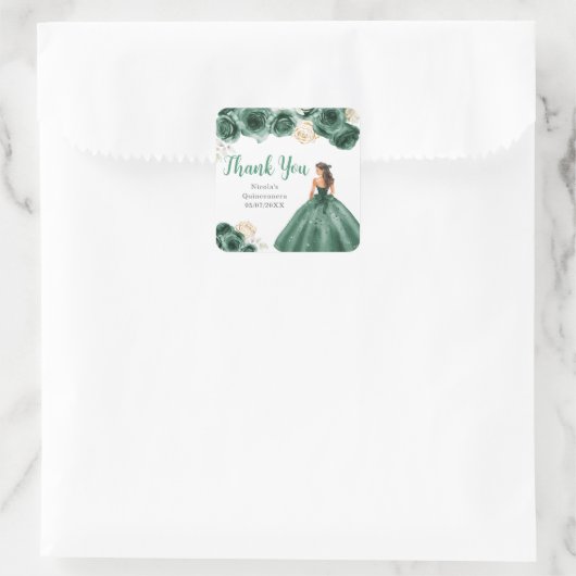 Floral Princess in Dark Green Dress Quinceanera Quadratischer Aufkleber (Tasche)