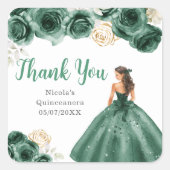 Floral Princess in Dark Green Dress Quinceanera Quadratischer Aufkleber (Vorderseite)
