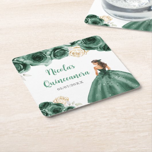 Floral Princess in Dark Green Dress Quinceanera Rechteckiger Pappuntersetzer (angewinkelt)