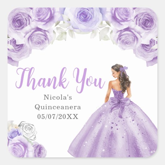 Floral Princess in Dusty Purple Dress Quinceanera Quadratischer Aufkleber (Vorderseite)