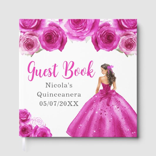 Floral Princess in Hot Pink Dress Quinceanera Gästebuch (Vorderseite)