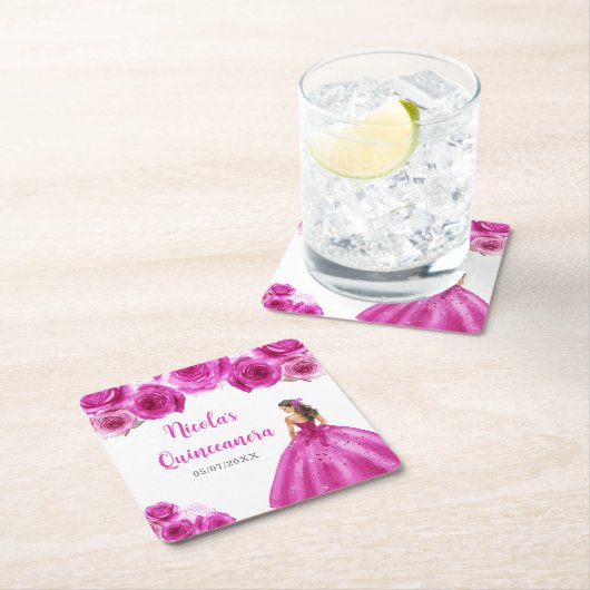 Floral Princess in Hot Pink Dress Quinceanera Rechteckiger Pappuntersetzer (Vor Ort)
