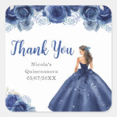 Floral Princess in Navy Blue Dress Quinceanera Quadratischer Aufkleber (Vorderseite)