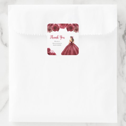 Floral Princess in Red Dress Quinceanera Quadratischer Aufkleber (Tasche)