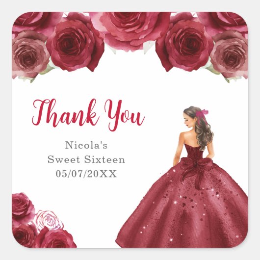 Floral Princess in Red Dress Sweet Sixteen Quadratischer Aufkleber (Vorderseite)