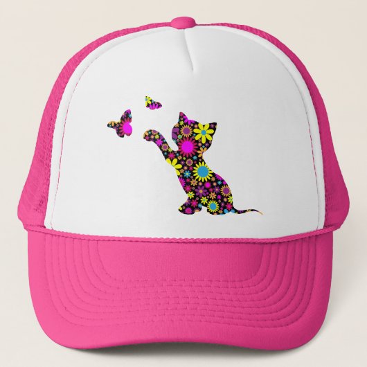 Floral Print Cat Trucker Hat Truckerkappe (Vorderseite)