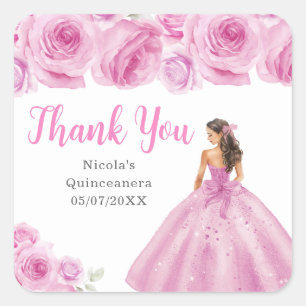 Floral Prinzessin im hellrosa Kleid Quinceanera Quadratischer Aufkleber