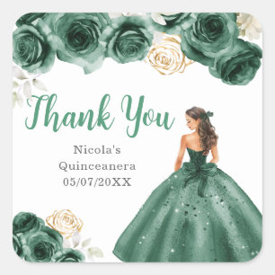 Floral Prinzessin in dunkelgrünem Kleid Quinceaner Quadratischer Aufkleber