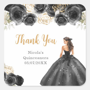Floral Prinzessin in schwarzem Kleid Quinceanera Quadratischer Aufkleber