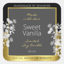 Floral Product Packaging Label Black Gold und Grau Quadratischer Aufkleber