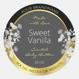 Floral Product Packaging Label Black Gold und Grau Runder Aufkleber