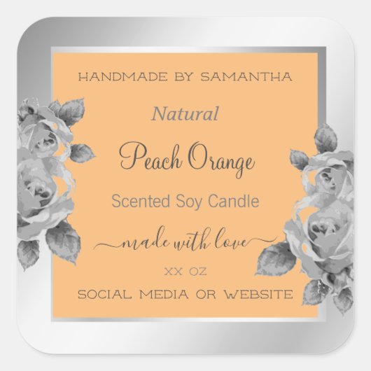 Floral Product Packaging Label Peach Orange Silver Quadratischer Aufkleber (Vorderseite)