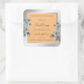 Floral Product Packaging Label Peach Orange Silver Quadratischer Aufkleber (Tasche)