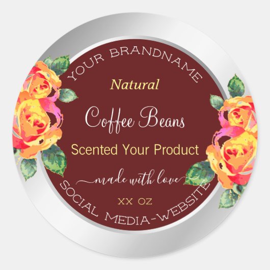Floral Product Packaging Labels Burgundy Silver Runder Aufkleber (Vorderseite)