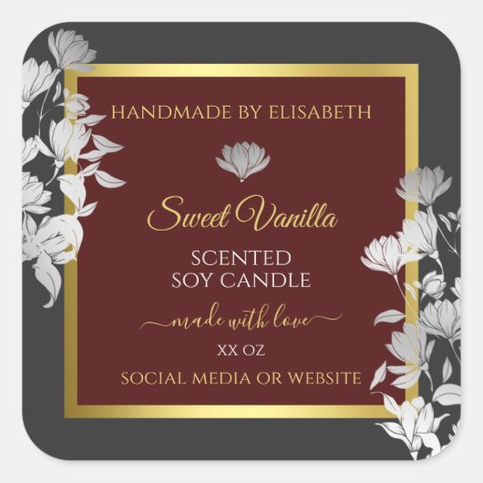Floral Product Packaging Labels Gold Burgundy Gray Quadratischer Aufkleber (Vorderseite)