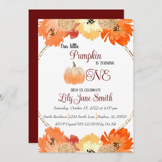 Floral Pumpkin 1. Geburtstag Einladung (Vorne/Hinten)