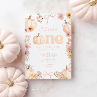 Floral pumpkin 1st Birthday Orange Pink Bow Einladung