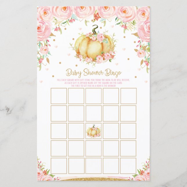 Floral Pumpkin Baby Dusche Bingo Spiel Aktivität (Vorderseite)