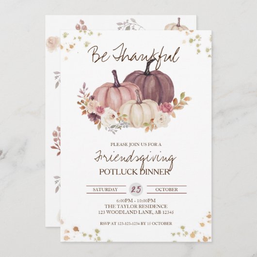 Floral Pumpkin Fall Friendsgiving Potluck Einladung (Vorne/Hinten)