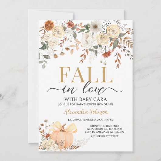 Floral Pumpkin Fall in Love Baby Shower Einladung (Vorderseite)
